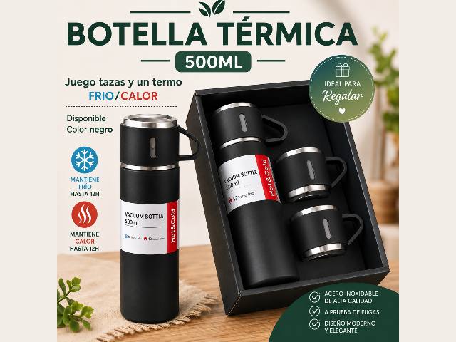 Botella térmica 500 ml más 2 tazas